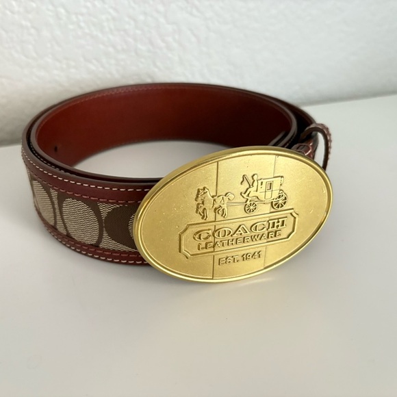 Coach Belt with Large Buckle Gold Brown HERITAGE SIG C BELT 90060 BKHRM